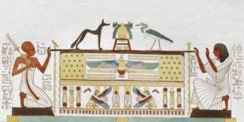 A male and female god hold an ark with winged spirits on its side.