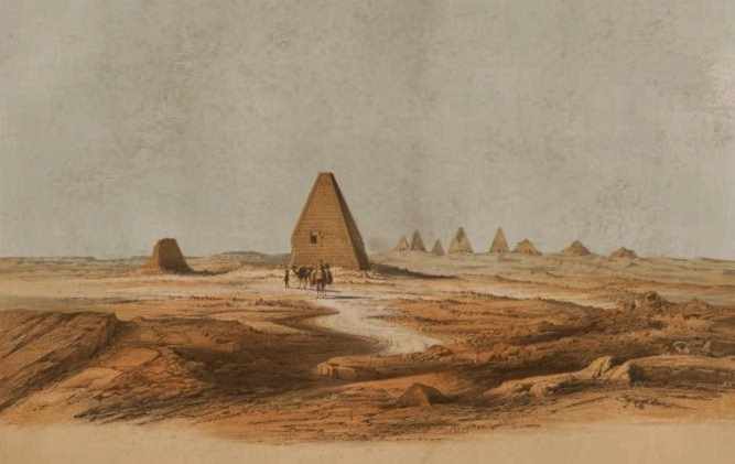 a group of ten pyramids, much steeper than Giza, and perhaps 50 feet tall.