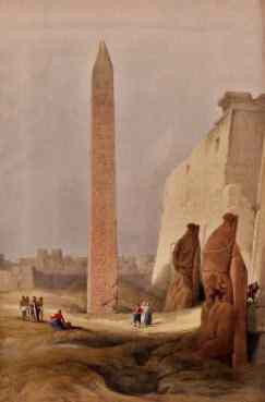 Men are tiny below the Obelisk, statues and the huge pylon at the north entrance to Luxor.