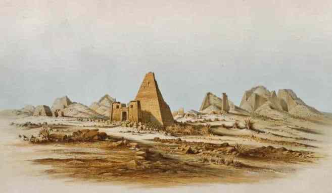 rubble covers the ground and the upper half is missing from many pyramids.