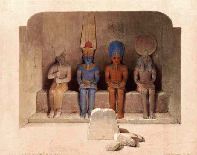 The sanctuary of the great temple of Rameses II at Abu Simbel has four sitting gods, Ramesses among them.