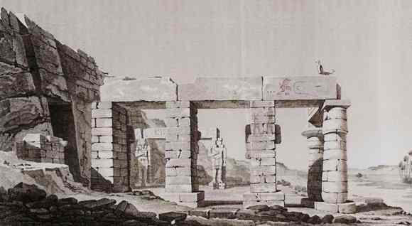 the temple Gerf Hussein exterior is a group of columns and statues.